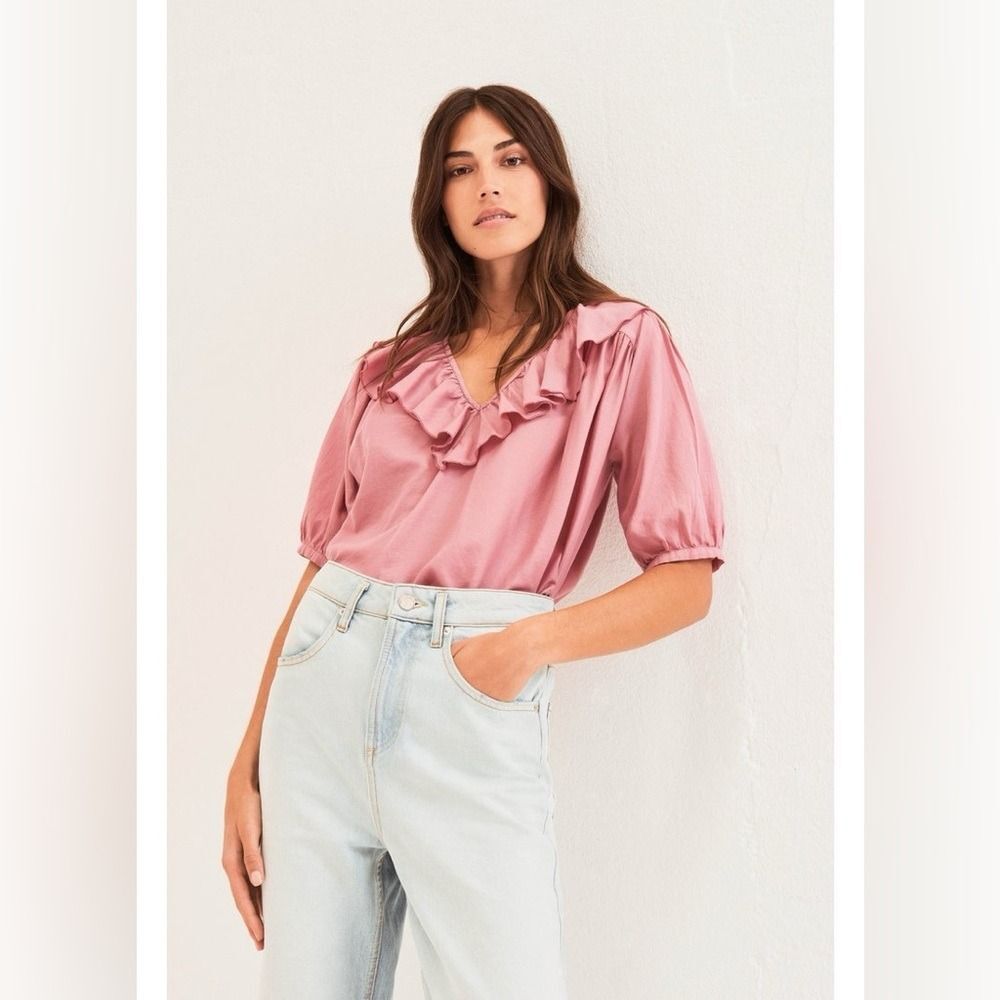 Ba&sh Women's XS Twiggy Cotton Ruffle Top Vieurose Pink